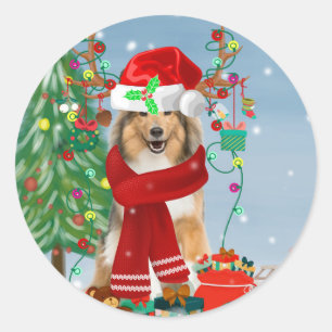 Rough Collie Dog in Snow Christmas Gift Classic Round Sticker