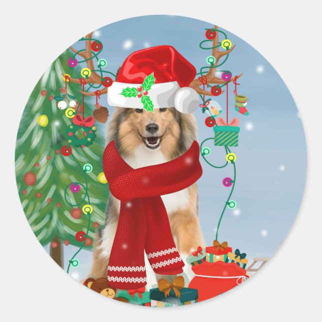 Rough Collie Dog in Snow Christmas Gift   Classic Round Sticker (Front)
