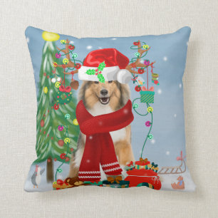 Rough Collie Dog in Snow Christmas Gift  Cushion