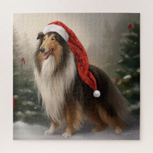 Rough Collie Dog in Snow Christmas Jigsaw Puzzle