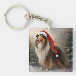 Rough Collie Dog in Snow Christmas Key Ring