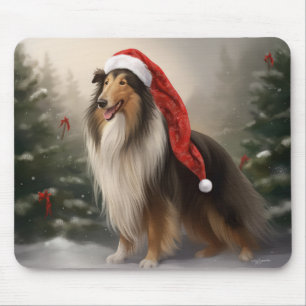 Rough Collie Dog in Snow Christmas Mouse Pad