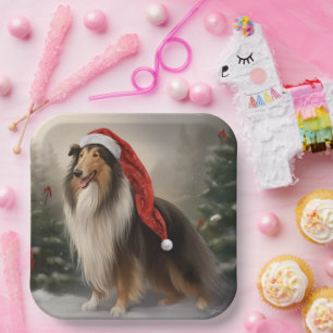 Rough Collie Dog in Snow Christmas Paper Plate
