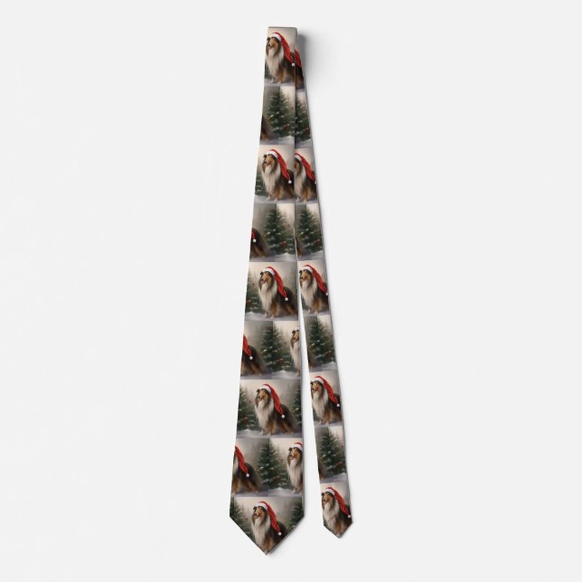 Rough Collie Dog in Snow Christmas Tie (Front)