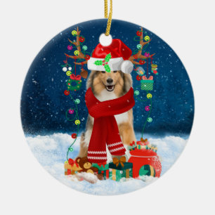 Rough Collie Dog in Snow with Christmas Gifts Ceramic Ornament