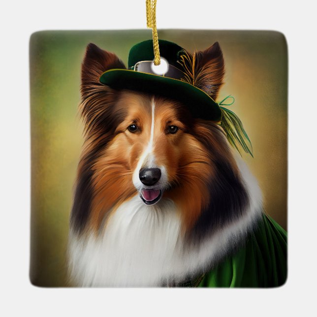 Rough Collie Dog in St. Patrick's Day Dress Ceramic Ornament (Front)