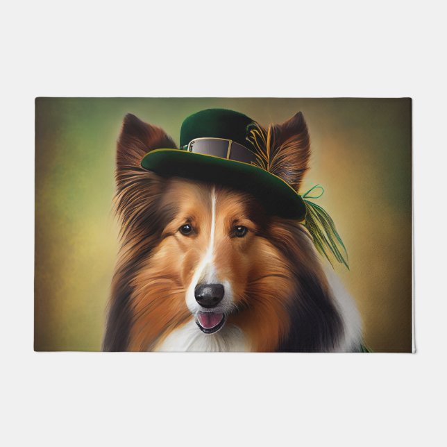 Rough Collie Dog in St. Patrick's Day Dress Doormat (Front)
