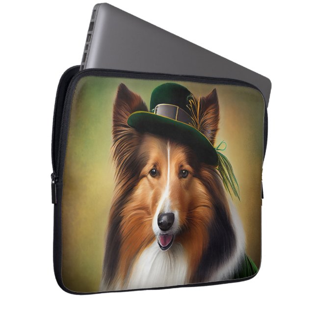 Rough Collie Dog in St. Patrick's Day Dress Laptop Sleeve (Front Right)