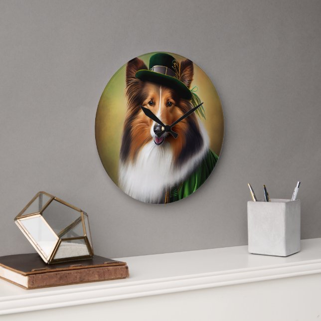 Rough Collie Dog in St. Patrick's Day Dress Large Clock (Office)