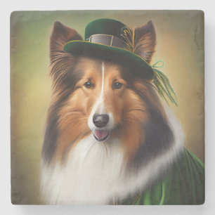 Rough Collie Dog in St. Patrick's Day Dress Stone Coaster