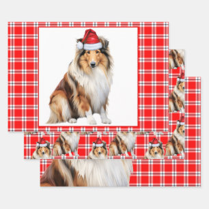 Rough Collie Dog Red Plaid Christmas Wrapping Paper Sheet