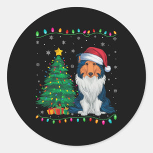 Rough Collie Dog Santa Hat Men Women Kids Xmas Tre Classic Round Sticker
