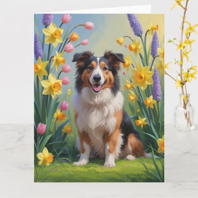 Rough Collie Dog Spring Flowers Painting Card (Yellow Flower)