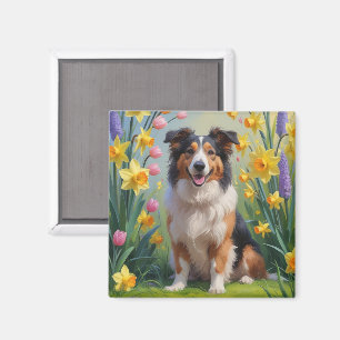 Rough Collie Dog Spring Flowers Painting Magnet