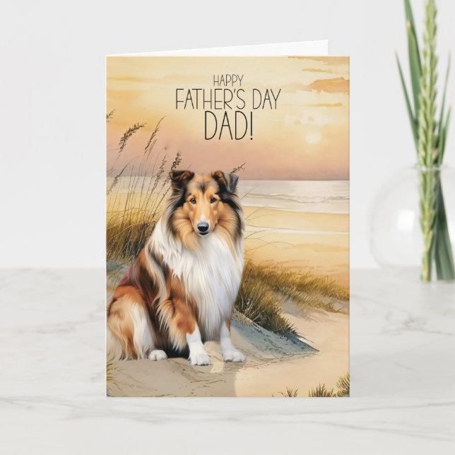 Rough Collie Dog Sunset Beach Father's Day Holiday Card (Front)