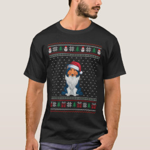 Rough Collie Dog Wearing Santa Hat Ugly Xmas Dog L T-Shirt