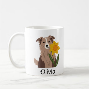 Rough Collie dog with Daffodil Flower personalised Coffee Mug