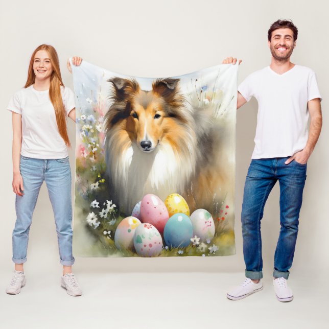 Rough Collie Dog with Easter Eggs Holiday  Fleece Blanket (In Situ)