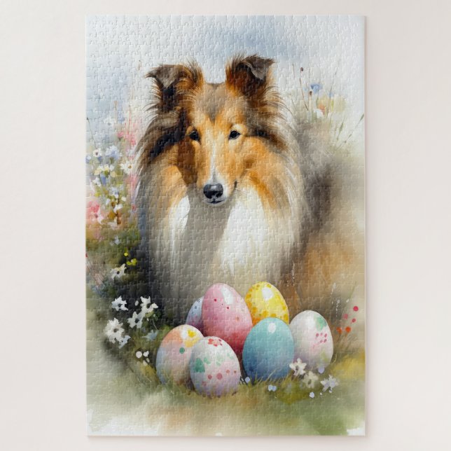 Rough Collie Dog with Easter Eggs Holiday  Jigsaw Puzzle (Vertical)