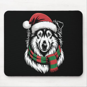 Rough Collie Dog Xmas Santa Hat Scarf Christmas Co Mouse Pad