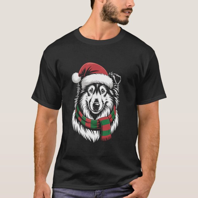 Rough Collie Dog Xmas Santa Hat Scarf Christmas Co T-Shirt (Front)