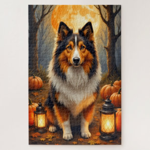 Rough Collie Harvest Moon Halloween Portrait Art Jigsaw Puzzle