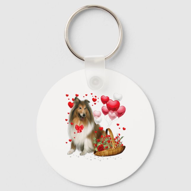 Rough Collie Heart Balloon Happy Valentine Day Dog Key Ring (Front)