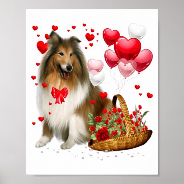 Rough Collie Heart Balloon Happy Valentine Day Dog Poster (Front)