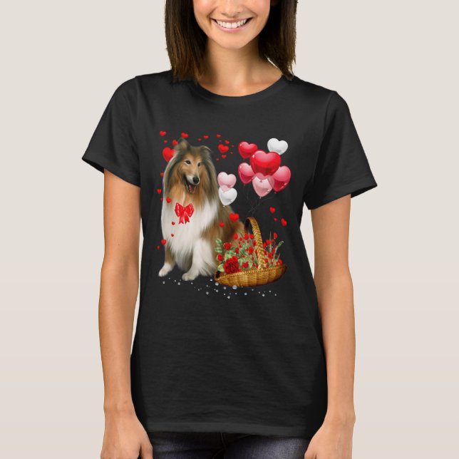 Rough Collie Heart Balloon Happy Valentine Day Dog T-Shirt (Front)