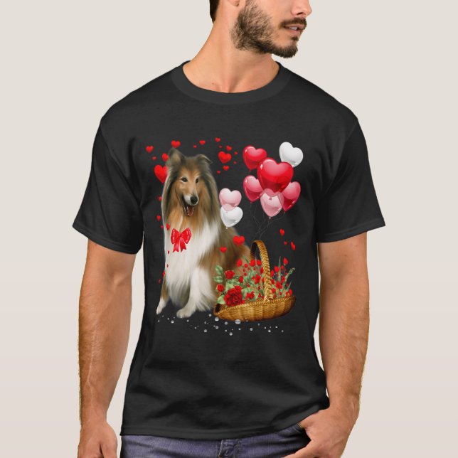 Rough Collie Heart Balloon Happy Valentine Day Dog T-Shirt (Front)