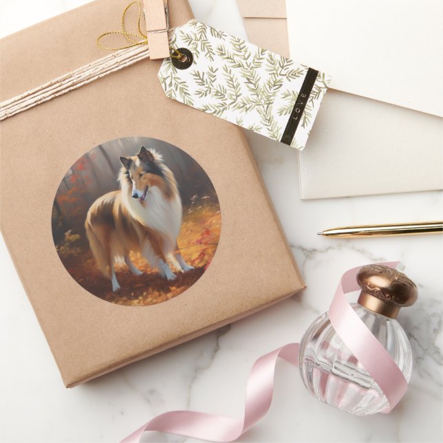 Rough Collie in Autumn Leaves Fall Inspire Classic Round Sticker (Gifting)