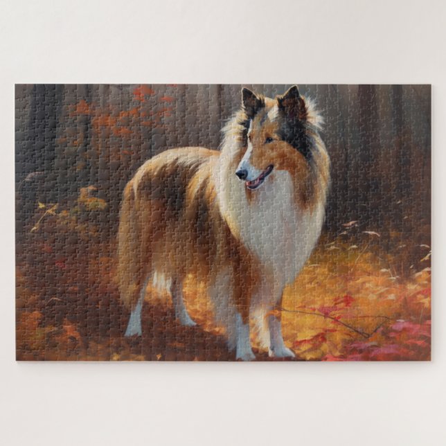 Rough Collie in Autumn Leaves Fall Inspire Jigsaw Puzzle (Horizontal)