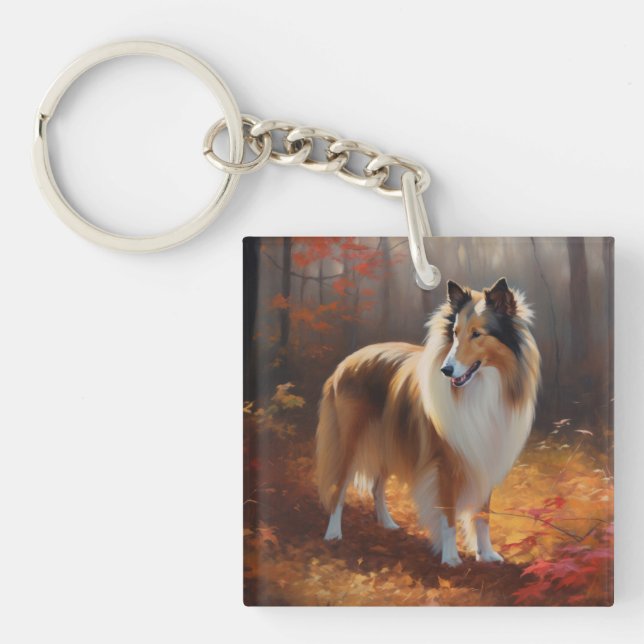Rough Collie in Autumn Leaves Fall Inspire Key Ring (Front)
