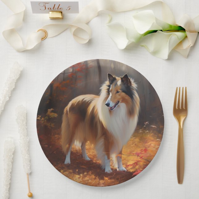 Rough Collie in Autumn Leaves Fall Inspire Paper Plate (Wedding)