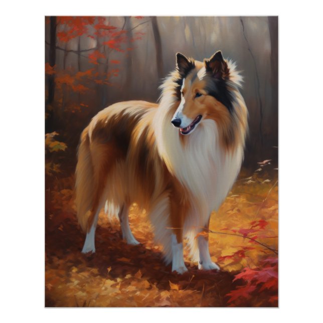 Rough Collie in Autumn Leaves Fall Inspire Poster (Front)