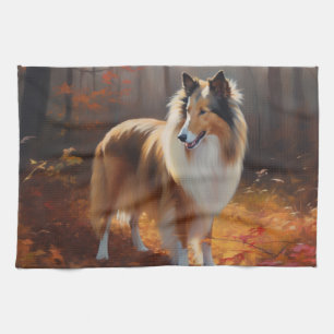 Rough Collie in Autumn Leaves Fall Inspire Tea Towel