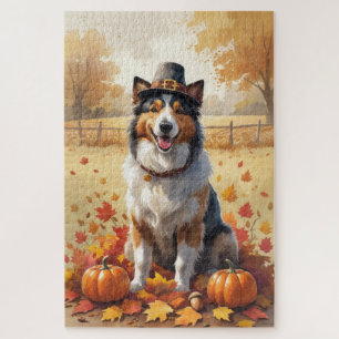 Rough Collie In Autumn Leaves Thanksgiving Art Jigsaw Puzzle