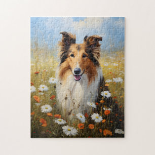Rough Collie in Flower Field Jigsaw Puzzle