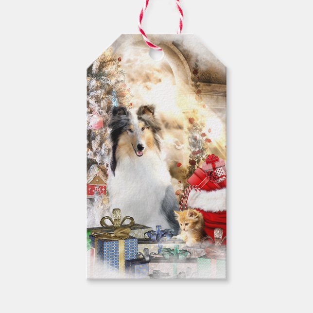 Rough Collie & Kitten, To/From Var. - Christmas Gift Tags (Front)