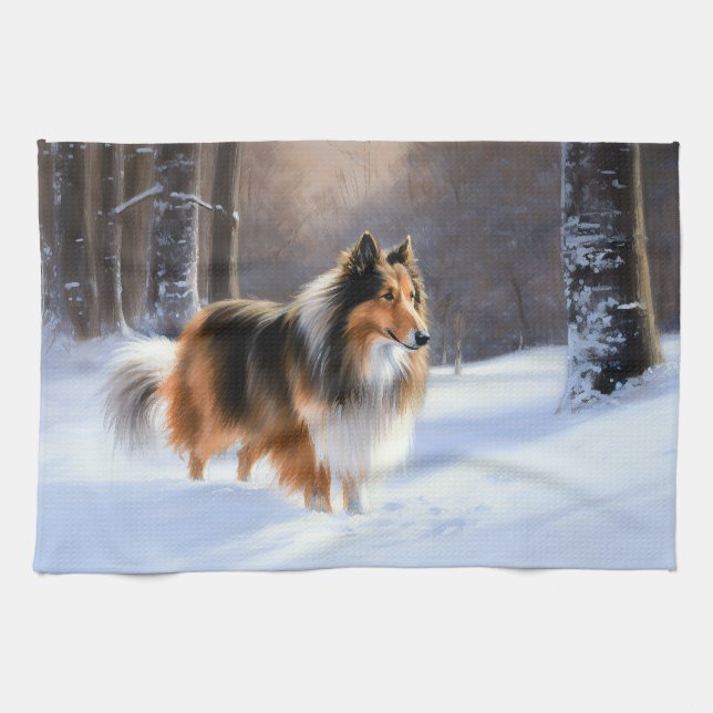 Rough Collie Let It Snow Christmas Tea Towel (Horizontal)