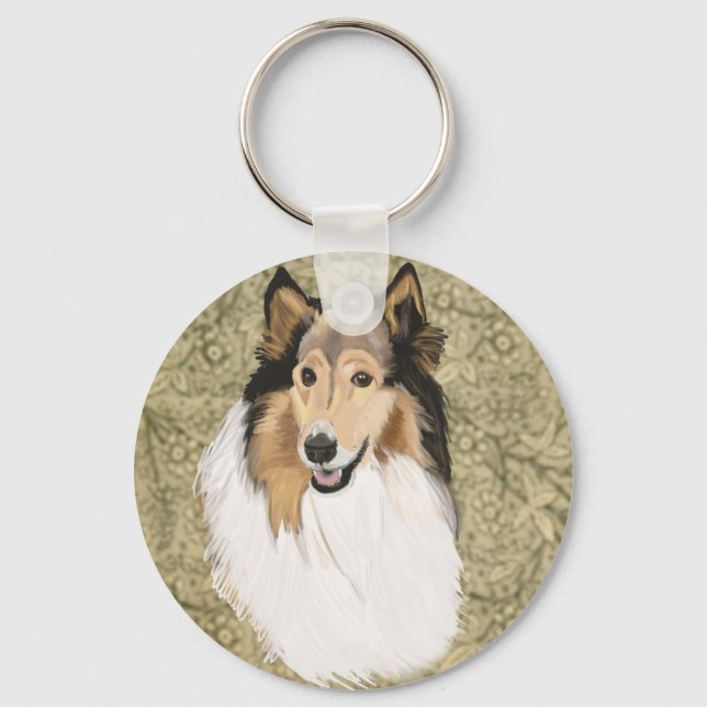 Rough Collie on a Brown Floral background Key Ring (Front)