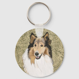 Rough Collie on a Brown Floral background Key Ring
