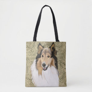 Rough Collie on a Brown Floral background Tote Bag