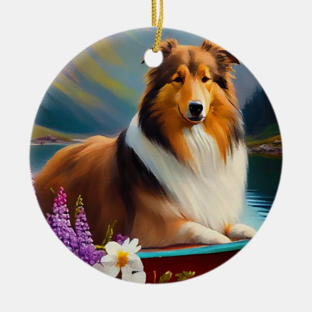 Rough Collie on a Paddle: A Scenic Adventure Ceramic Ornament (Front)