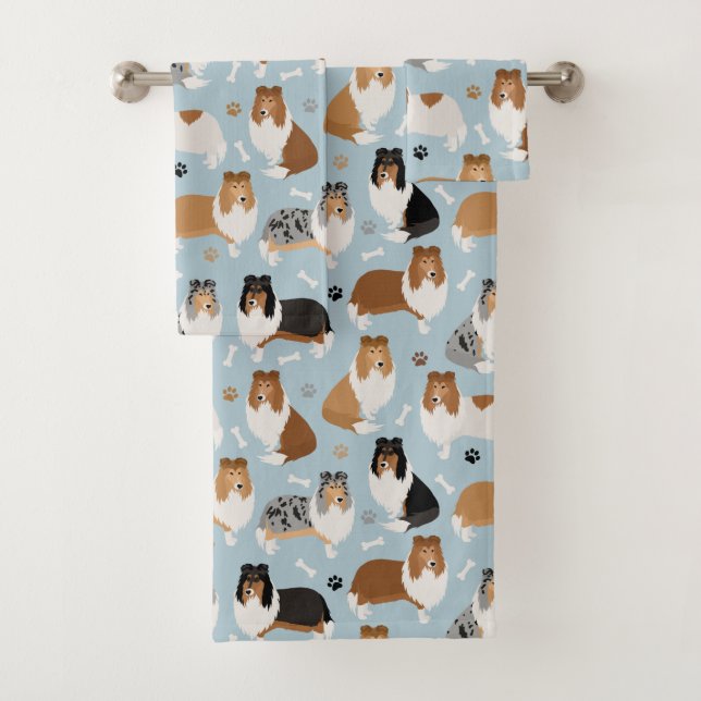 Rough Collie Paws and Bones Bath Towel Set (Insitu)