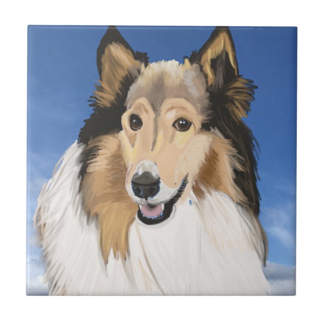 Rough Collie Portrait against blue sky Ceramic Tile (Front)
