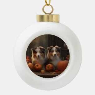 Rough Collie Puppy Autumn Delight Pumpkin  Ceramic Ball Christmas Ornament