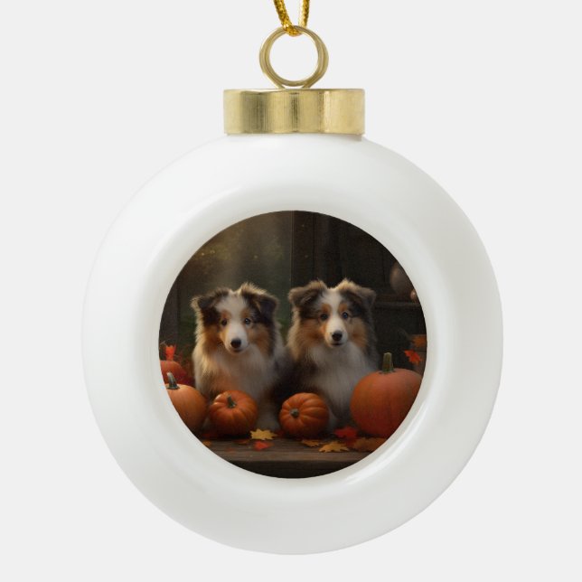 Rough Collie Puppy Autumn Delight Pumpkin  Ceramic Ball Christmas Ornament (Front)