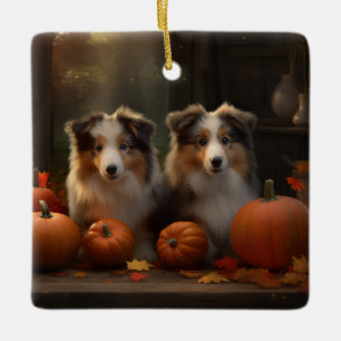 Rough Collie Puppy Autumn Delight Pumpkin  Ceramic Ornament