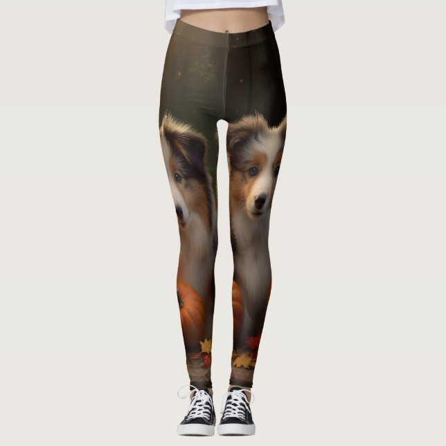 Rough Collie Puppy Autumn Delight Pumpkin  Leggings (Front)